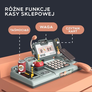 WOOPIE Vaikų parduotuvė Kasos aparatas, skeneris, svarstyklės, mikrofonas + 25 priedai