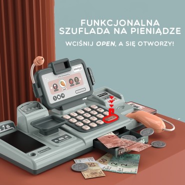 WOOPIE Vaikų parduotuvė Kasos aparatas, skeneris, svarstyklės, mikrofonas + 25 priedai