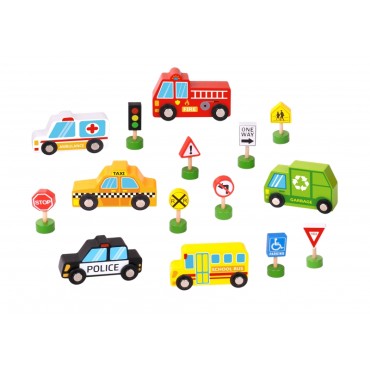 TOOKY TOY Medinių transporto priemonių ir kelio ženklų rinkinys