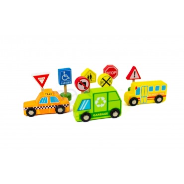 TOOKY TOY Medinių transporto priemonių ir kelio ženklų rinkinys
