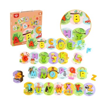 TOOKY TOY Medinė dėlionė Montessori dėlionė Abėcėlės raidžių mokymasis Žodžiai Abėcėlė Storos kaladėlės 26 vnt.