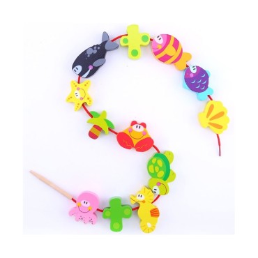 TOOKY TOY Mediniai karoliukai, kaladėlės surišamos Jūros gyvūnai 13 vnt.